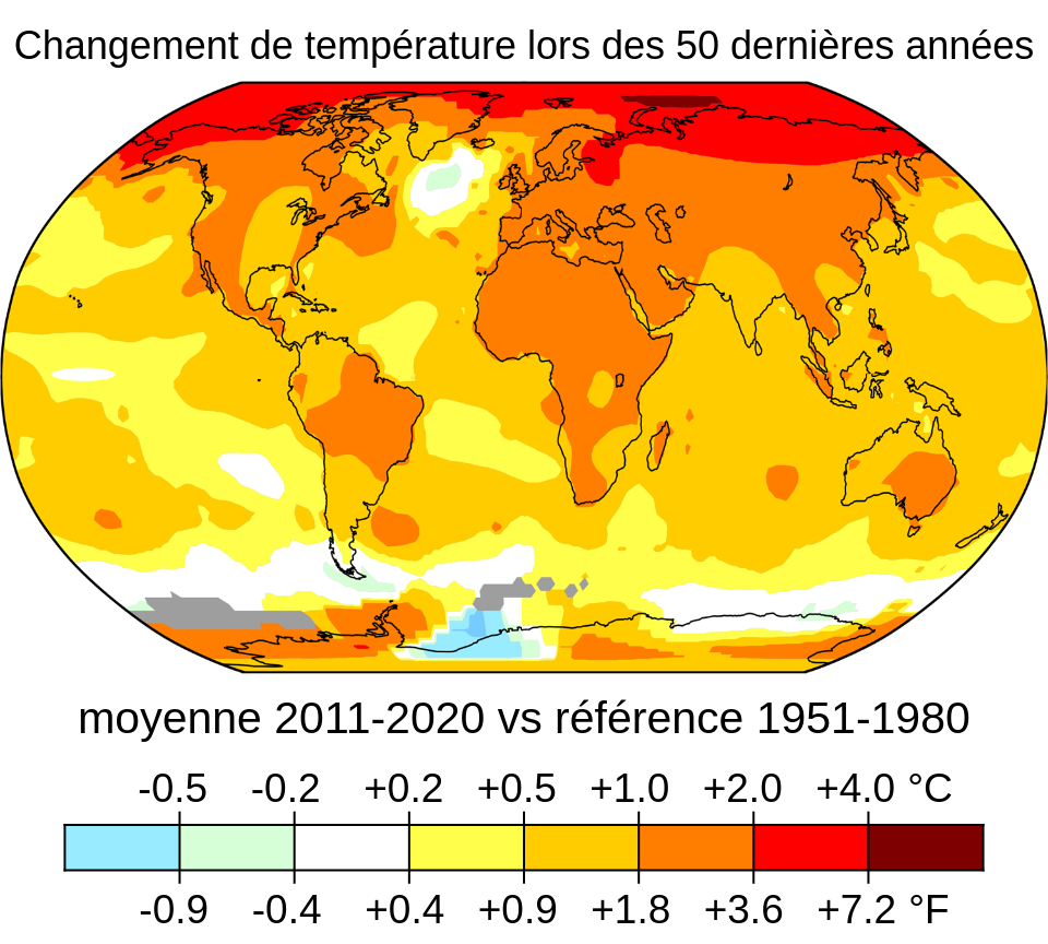 Carte mondiale des changements de température de 2011 à 2020 par rapport à la période de référence 1951-1980, illustrant un réchauffement global.