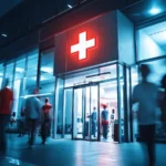 Entrée d'une salle d'urgence d'un hôpital moderne avec une croix rouge illuminée, des personnes floues se déplaçant rapidement devant le bâtiment la nuit.