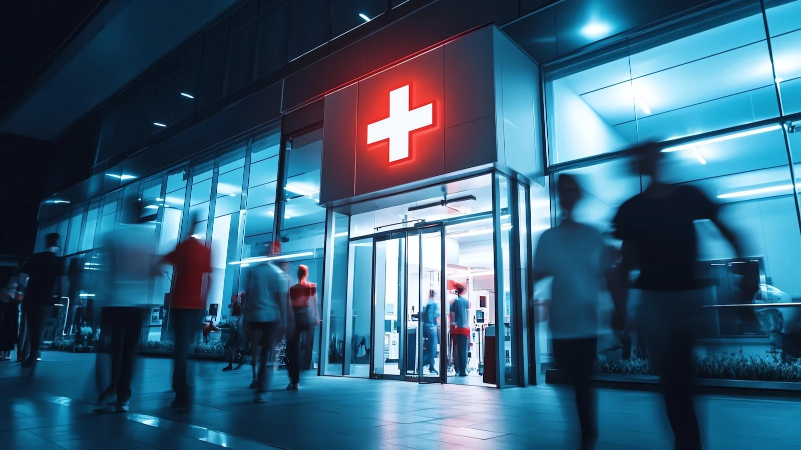 Entrée d'une salle d'urgence d'un hôpital moderne avec une croix rouge illuminée, des personnes floues se déplaçant rapidement devant le bâtiment la nuit.