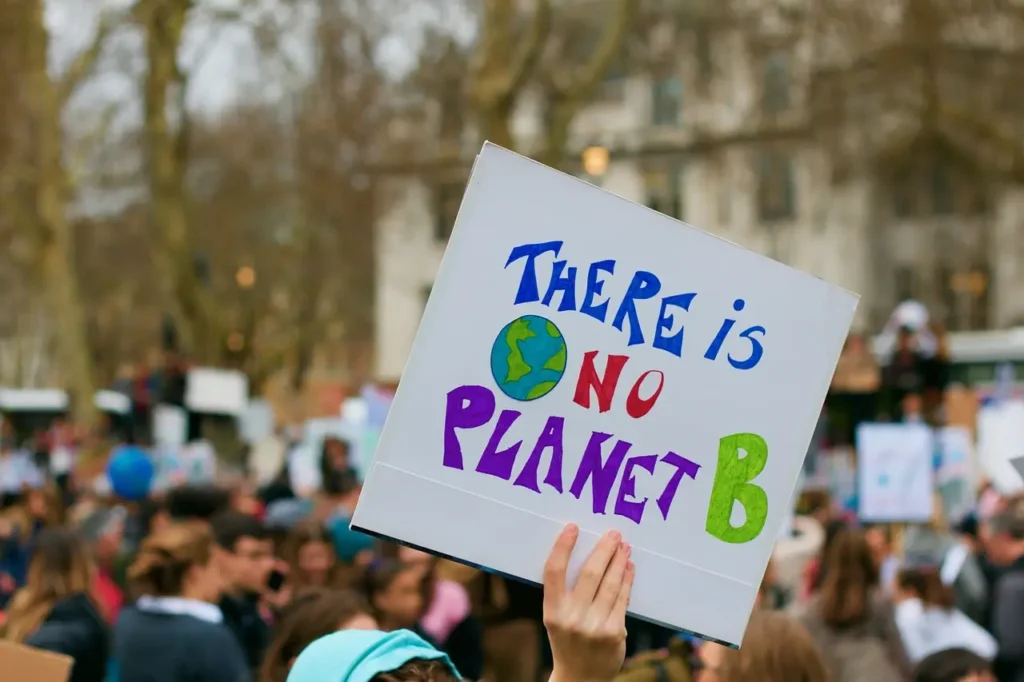 Manifestant tenant une pancarte "There is no planet B" lors d'une marche pour le climat.
