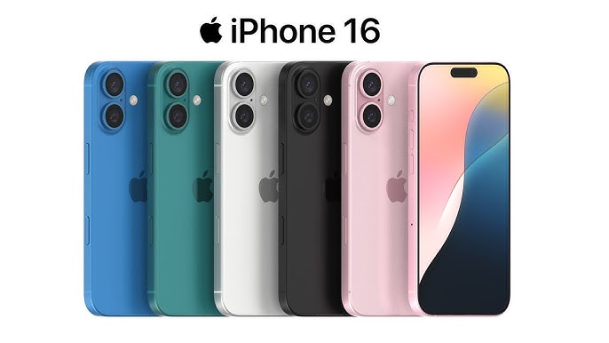 La gamme complète des iPhone 16 dans plusieurs coloris, de l’azur au rose pastel, alignés en vue de face et de dos.