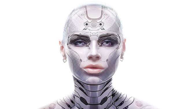 Un portrait frontal d'un androïde féminin élégant avec des éléments robotiques visibles et un visage lisse, blanc et futuriste.