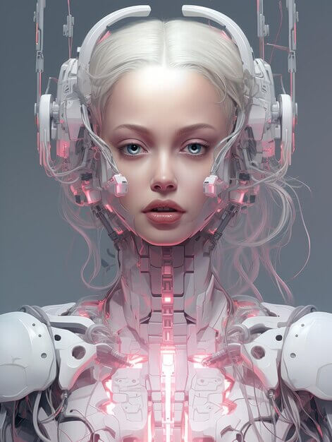 Un androïde féminin à la peau claire avec des circuits lumineux rose, portant un casque et des câbles qui semblent faire partie de son corps.