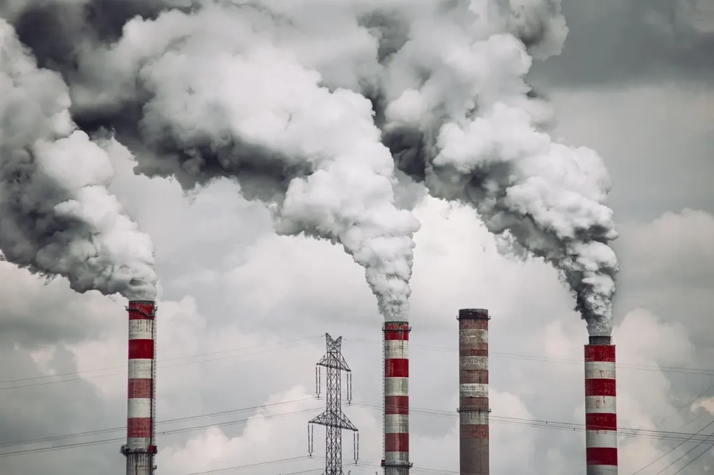 Cheminées d'usine libérant de la fumée épaisse dans l'air, symbolisant la pollution industrielle et les émissions de gaz à effet de serre.