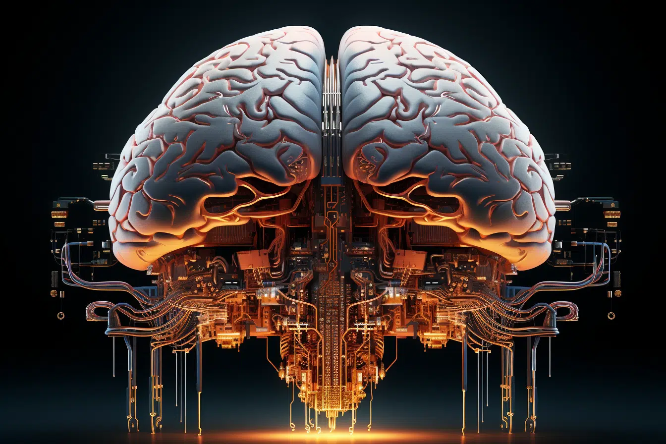 Cerveau bionique fusionnant des circuits électroniques et des structures organiques, symbolisant l'intelligence artificielle et la symbiose homme-machine.