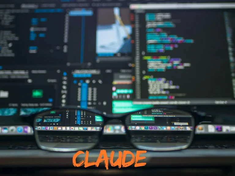 Lunettes avec lignes de code nettes à travers les verres sur un écran d'ordinateur, avec le texte 'CLAUDE' en bas de l'image.