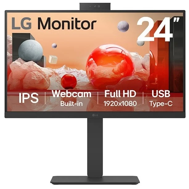 Moniteur LG 24 pouces avec webcam intégrée, écran IPS Full HD 1920x1080, connectivité USB Type-C.