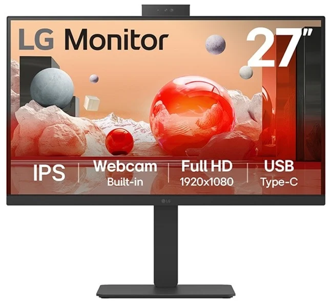 Moniteur LG 27 pouces avec webcam intégrée, écran IPS Full HD 1920x1080, connectivité USB Type-C.