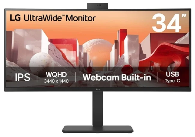 Moniteur LG UltraWide 34 pouces avec webcam intégrée, écran IPS WQHD 3440x1440, connectivité USB Type-C.