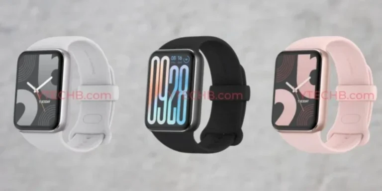 Trois smartwatches avec écrans rectangulaires, disponibles en blanc, noir et rose, affichant des interfaces graphiques minimalistes.