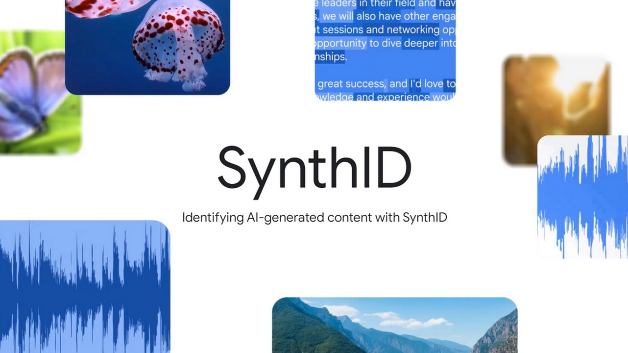 Image promotionnelle pour SynthID, un outil d'identification de contenu généré par l'IA avec des visuels de méduse, papillon et graphiques sonores