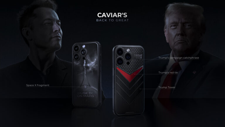 Image montrant deux smartphones personnalisés par Caviar inspirés par Elon Musk et Donald Trump. Le design Musk présente un vaisseau spatial et le texte "Musk Be On Mars", tandis que le design Trump arbore un motif rouge, noir et étoilé, accompagné du slogan "Great Again".