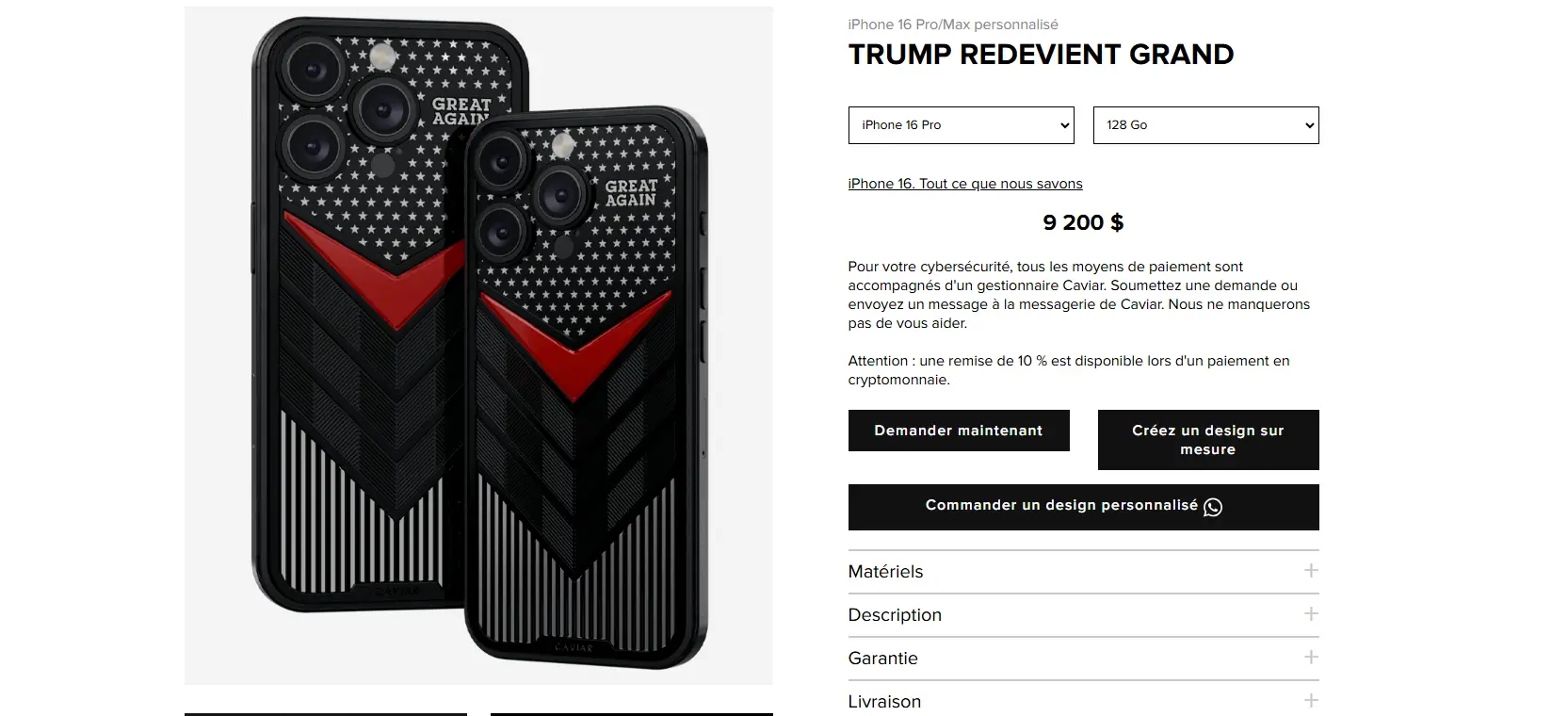 Page de présentation d'un smartphone de luxe Caviar, intitulé "Trump redevient grand". Le téléphone est personnalisé avec un design noir, des étoiles blanches, un chevron rouge et l'inscription "Great Again". Le prix affiché est de 9 200 dollars pour un iPhone 16 Pro/Max