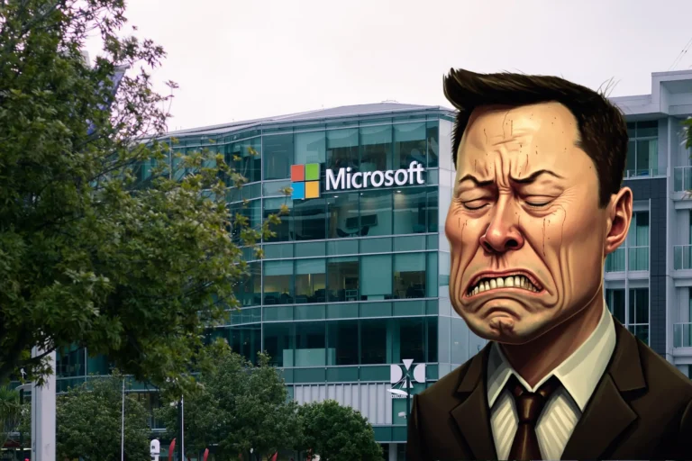 Bâtiment avec le logo de Microsoft en arrière-plan et une caricature d'Elon Musk en costume avec une expression de dégoût ou frustration.