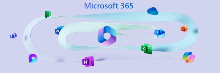 Visuel coloré représentant Microsoft 365, avec des icônes flottantes des principales applications telles que Word, Excel, PowerPoint, Outlook, Teams, et OneDrive, reliées par des rubans fluides entourant l'icône centrale de Microsoft 365.