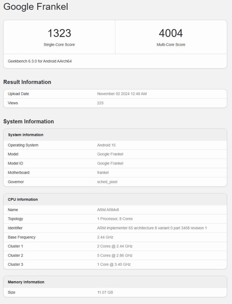 apture d'écran des résultats Geekbench pour un appareil Google Frankel avec scores single-core de 1323 et multi-core de 4004.