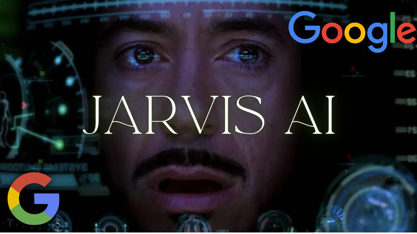 Visage d'un homme devant une interface holographique futuriste, avec le texte "JARVIS AI" et des logos de Google, représentant une technologie d'assistant virtuel.