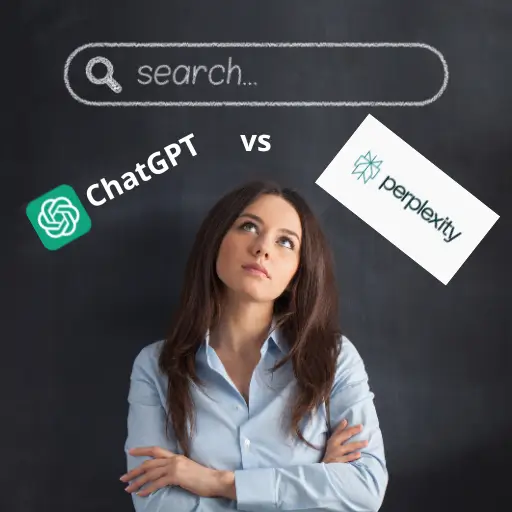 Femme pensive devant un tableau noir avec les logos de ChatGPT et Perplexity, illustrant une comparaison entre les deux outils de recherche.