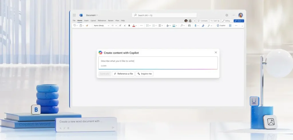 Interface de Microsoft Word avec un champ ouvert pour créer du contenu à l'aide de l'assistant Copilot, qui propose de générer ou d'inspirer du contenu.