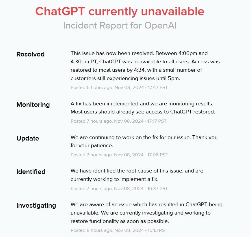 Capture d'écran d'un rapport d'incident indiquant une indisponibilité de ChatGPT. Le rapport montre les statuts successifs du problème, de son identification à sa résolution, incluant les étapes : "Investigating", "Identified", "Update", "Monitoring" et "Resolved", avec des heures associées aux mises à jour.