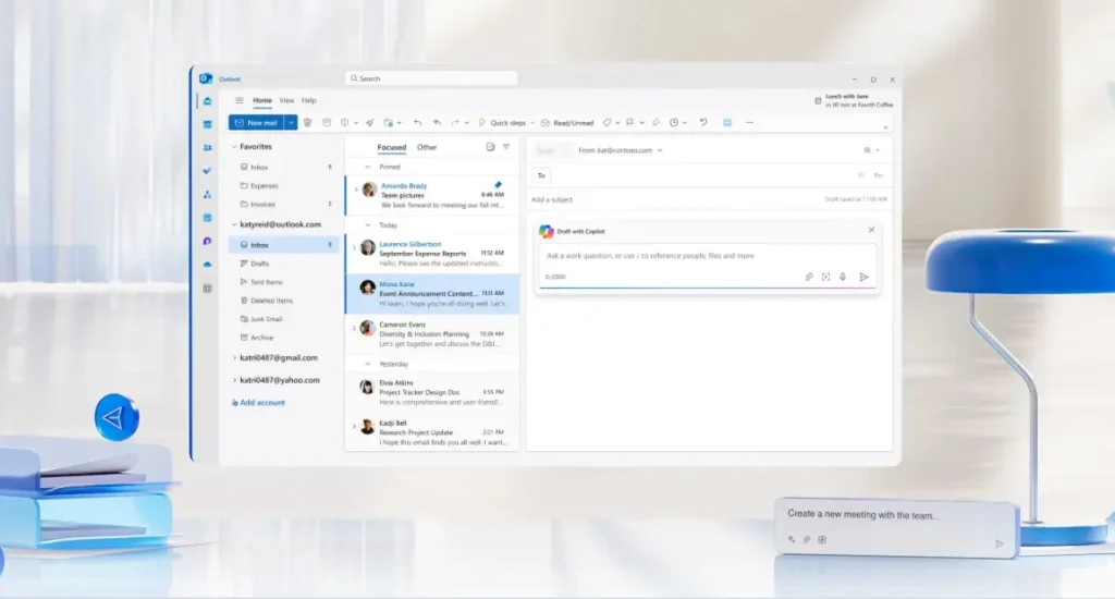 Interface d'Outlook montrant une boîte de réception avec des e-mails classés par ordre de priorité, et l'assistant Copilot ouvert dans un e-mail en cours de rédaction.