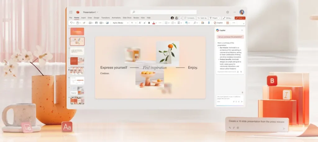 Diapositive de PowerPoint affichant un design visuel avec du texte et des images. Copilot est ouvert à droite, fournissant des résumés et des suggestions pour la présentation.