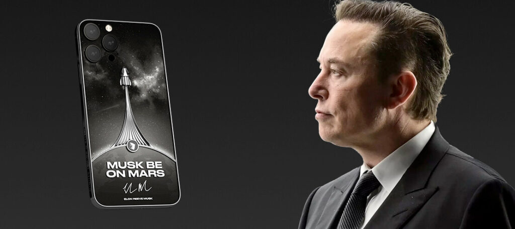 Smartphone Caviar avec un design inspiré de l'espace, incluant un vaisseau spatial et l'inscription "Musk Be On Mars" sur un fond étoilé.