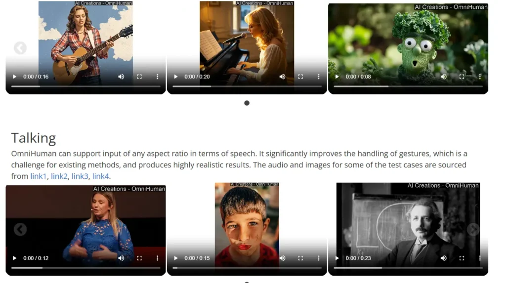 Capture d’écran d’un site web présentant OmniHuman, une technologie d’intelligence artificielle permettant d’animer des images et de synchroniser des paroles. Plusieurs vignettes de vidéos montrent des personnes et objets parlant ou chantant, y compris une femme à la guitare, une chanteuse au piano, un brocoli animé, un garçon maquillé et une image d’Albert Einstein.